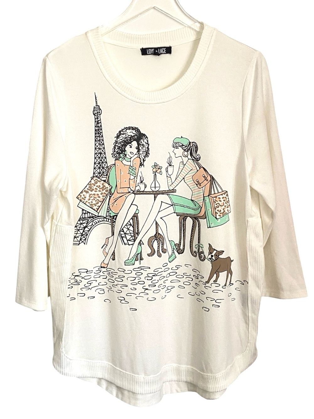 Love + Lace Paris Graphic Tunic Top XL 1X Ivory Eiffel Tower 3/4 Sleeve